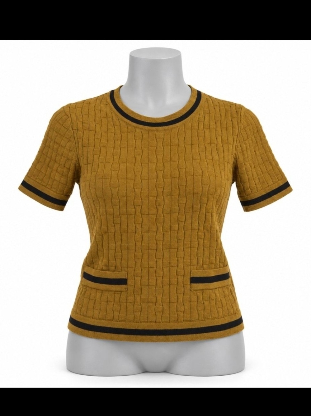 Ellen Tracy Mustard Short-Sleeve Knit Top with Black Trim